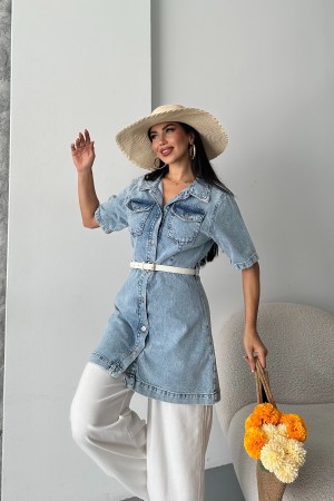 Kadın Gömlek Yaka Kot Tunik Ön İki Cepli Tunik Mavi 4507