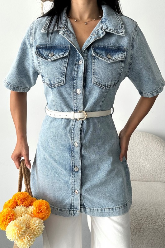 Kadın Gömlek Yaka Kot Tunik Ön İki Cepli Tunik Mavi 4507 Kadın Gömlek Yaka Kot Tunik Ön İki Cepli Tunik Mavi 4507