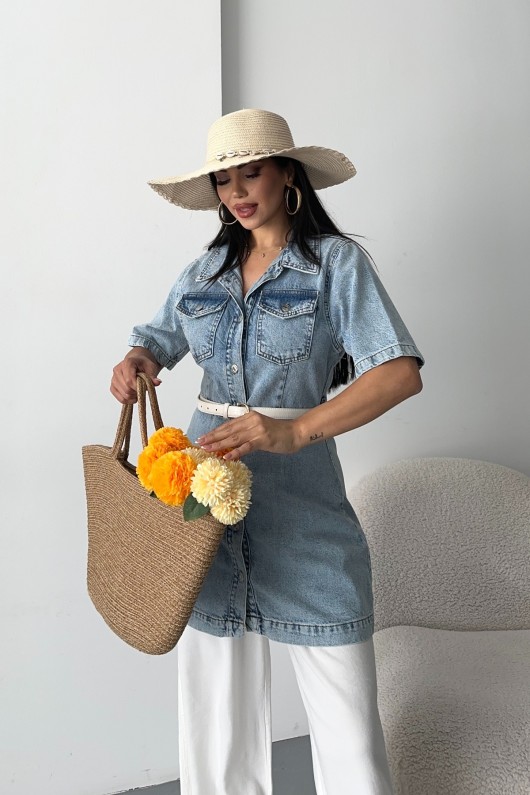 Kadın Gömlek Yaka Kot Tunik Ön İki Cepli Tunik Mavi 4507 Kadın Gömlek Yaka Kot Tunik Ön İki Cepli Tunik Mavi 4507