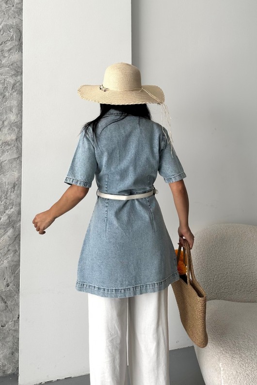 Kadın Gömlek Yaka Kot Tunik Ön İki Cepli Tunik Mavi 4507 Kadın Gömlek Yaka Kot Tunik Ön İki Cepli Tunik Mavi 4507