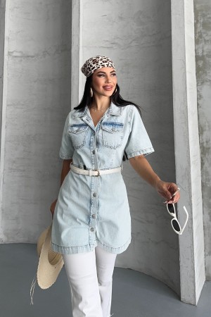 Kadın Gömlek Yaka Kot Tunik Ön İki Cepli Tunik Buz Mavi 4507