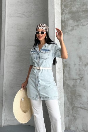 Kadın Gömlek Yaka Kot Tunik Ön İki Cepli Tunik Buz Mavi 4507