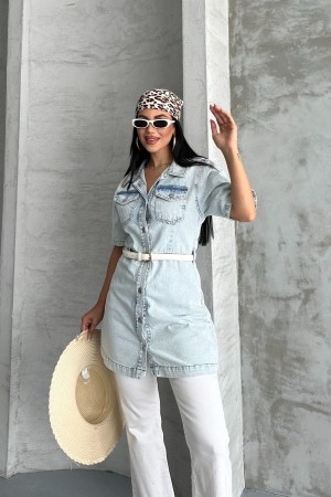 Kadın Gömlek Yaka Kot Tunik Ön İki Cepli Tunik Buz Mavi 4507