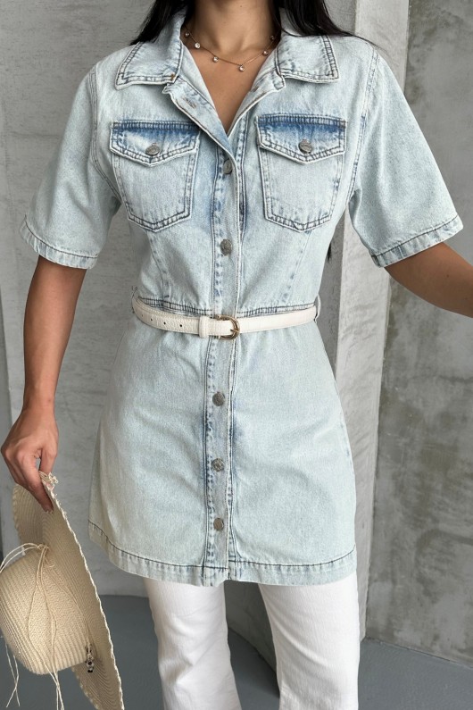 Kadın Gömlek Yaka Kot Tunik Ön İki Cepli Tunik Buz Mavi 4507