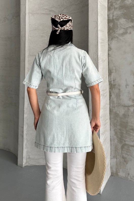 Kadın Gömlek Yaka Kot Tunik Ön İki Cepli Tunik Buz Mavi 4507