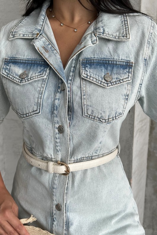 Kadın Gömlek Yaka Kot Tunik Ön İki Cepli Tunik Buz Mavi 4507