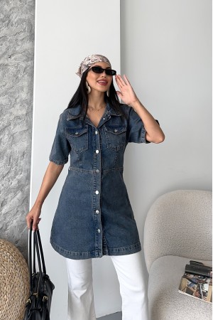 Kadın Gömlek Yaka Kot Tunik Ön İki Cepli Tunik Kahve Tint 4507