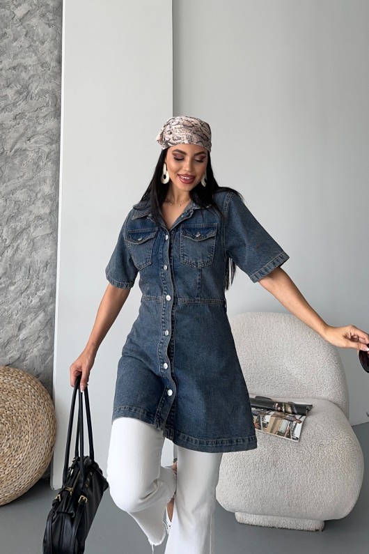 Kadın Gömlek Yaka Kot Tunik Ön İki Cepli Tunik Kahve Tint 4507