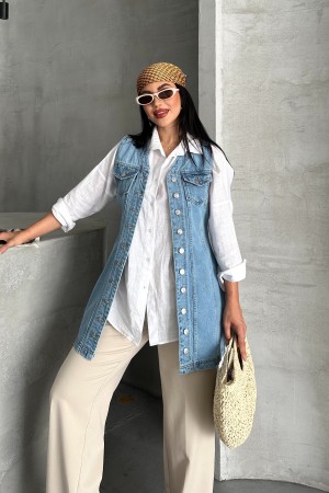 Kadın Kot Tunik  Uzun Düğmeli İki Cepli Kot Yelek Mavi 4506