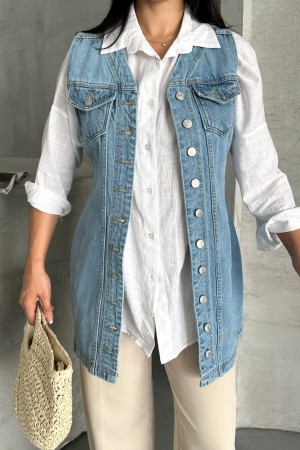 Kadın Kot Tunik  Uzun Düğmeli İki Cepli Kot Yelek Mavi 4506