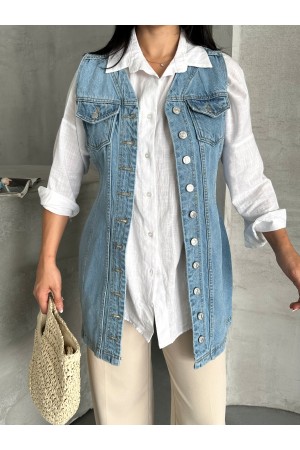 Kadın Kot Tunik  Uzun Düğmeli İki Cepli Kot Yelek Mavi 4506