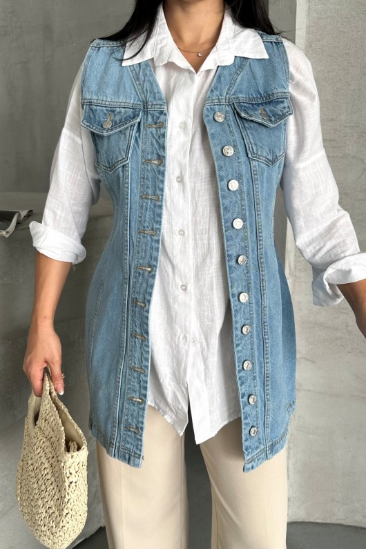 Kadın Kot Tunik  Uzun Düğmeli İki Cepli Kot Yelek Mavi 4506