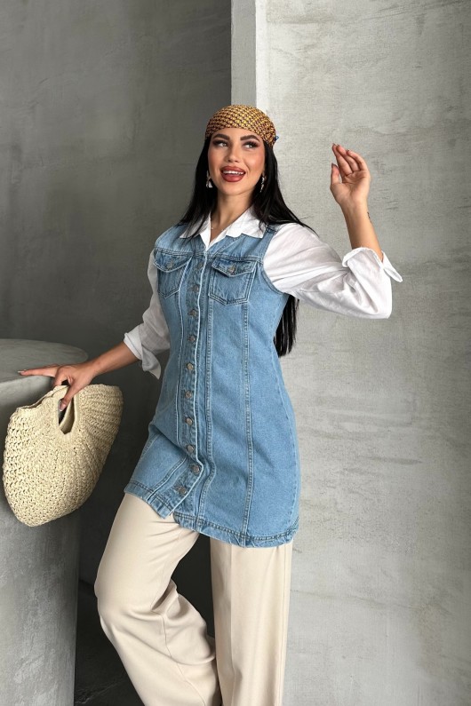 Kadın Kot Tunik  Uzun Düğmeli İki Cepli Kot Yelek Mavi 4506