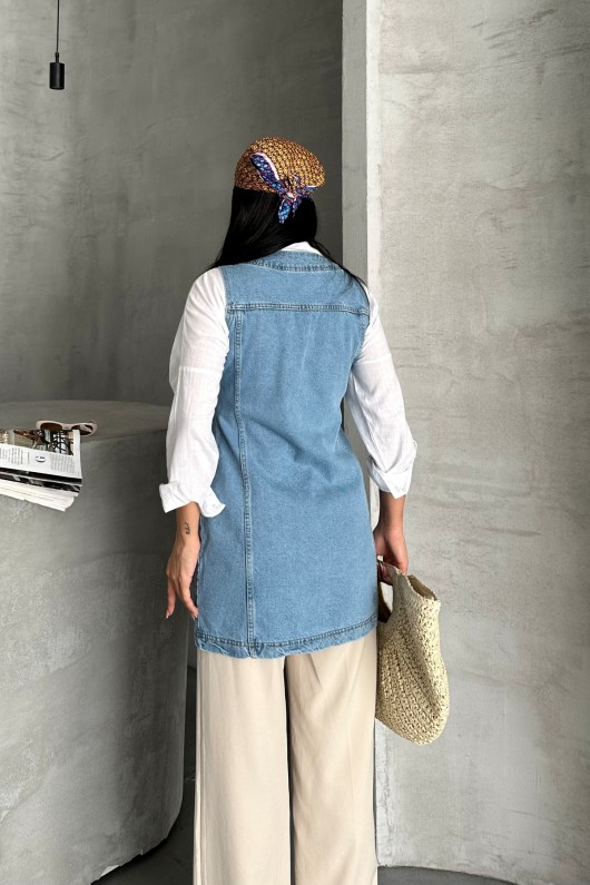 Kadın Kot Tunik  Uzun Düğmeli İki Cepli Kot Yelek Mavi 4506