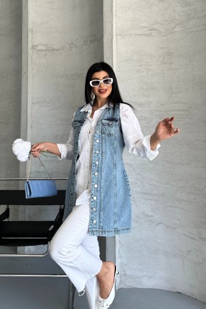 Kadın Kot Tunik  Uzun Düğmeli İki Cepli Kot Yelek Buz Mavi 4506