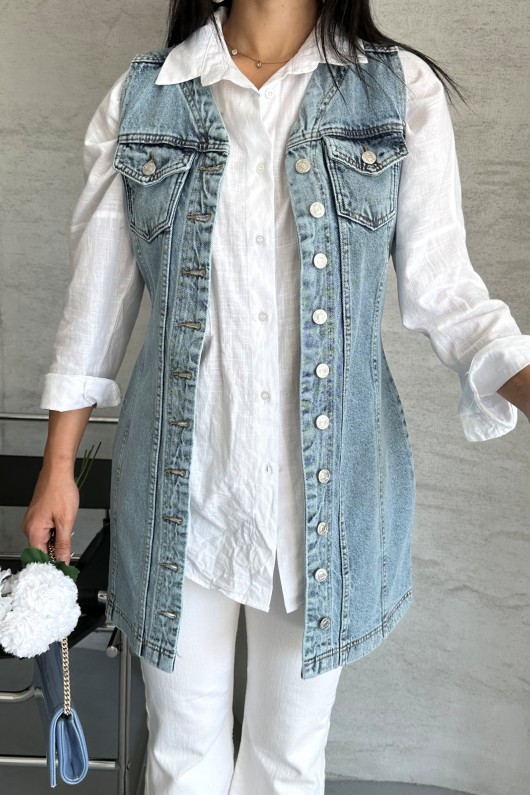 Kadın Kot Tunik Uzun Düğmeli İki Cepli Kot Yelek Buz Mavi 4506 Kadın Kot Tunik Uzun Düğmeli İki Cepli Kot Yelek Buz Mavi 4506