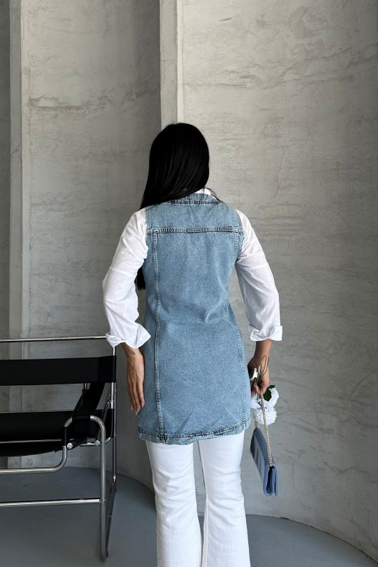 Kadın Kot Tunik Uzun Düğmeli İki Cepli Kot Yelek Buz Mavi 4506 Kadın Kot Tunik Uzun Düğmeli İki Cepli Kot Yelek Buz Mavi 4506