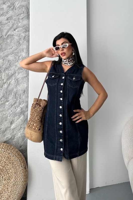 Kadın Kot Tunik Uzun Düğmeli İki Cepli Kot Yelek Koyu Mavi 4506 Kadın Kot Tunik Uzun Düğmeli İki Cepli Kot Yelek Koyu Mavi 4506