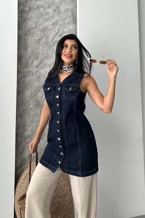 Kadın Kot Tunik  Uzun Düğmeli İki Cepli Kot Yelek Koyu Mavi 4506