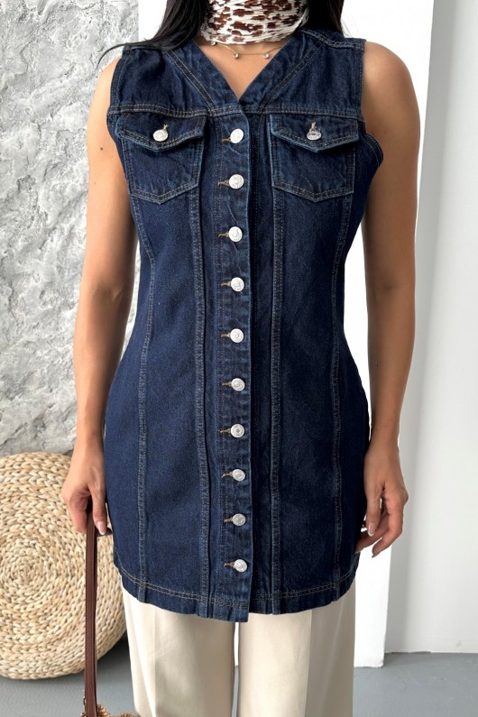 Kadın Kot Tunik Uzun Düğmeli İki Cepli Kot Yelek Koyu Mavi 4506 Kadın Kot Tunik Uzun Düğmeli İki Cepli Kot Yelek Koyu Mavi 4506