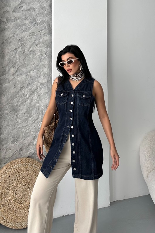 Kadın Kot Tunik Uzun Düğmeli İki Cepli Kot Yelek Koyu Mavi 4506 Kadın Kot Tunik Uzun Düğmeli İki Cepli Kot Yelek Koyu Mavi 4506