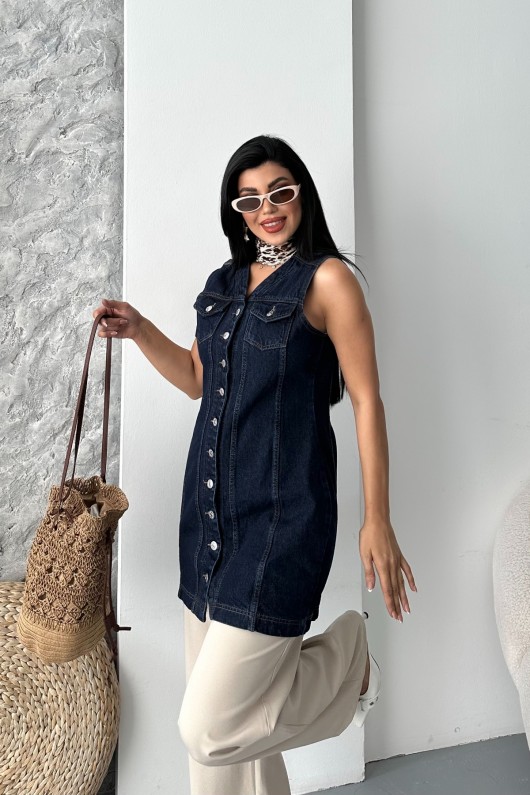 Kadın Kot Tunik Uzun Düğmeli İki Cepli Kot Yelek Koyu Mavi 4506 Kadın Kot Tunik Uzun Düğmeli İki Cepli Kot Yelek Koyu Mavi 4506