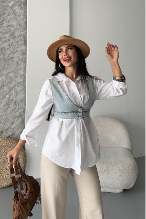 Kadın Kot Büstiyer Kısa Crop Düğmeli Buz Mavi 4513