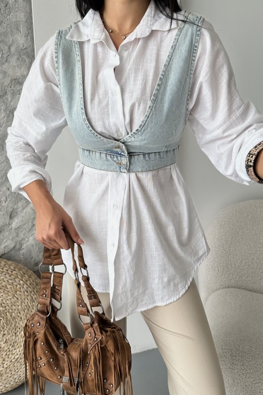 Kadın Kot Büstiyer Kısa Crop Düğmeli Buz Mavi 4513