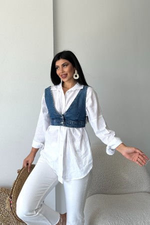 Kadın Kot Büstiyer Kısa Crop Düğmeli Koyu Mavi 4513