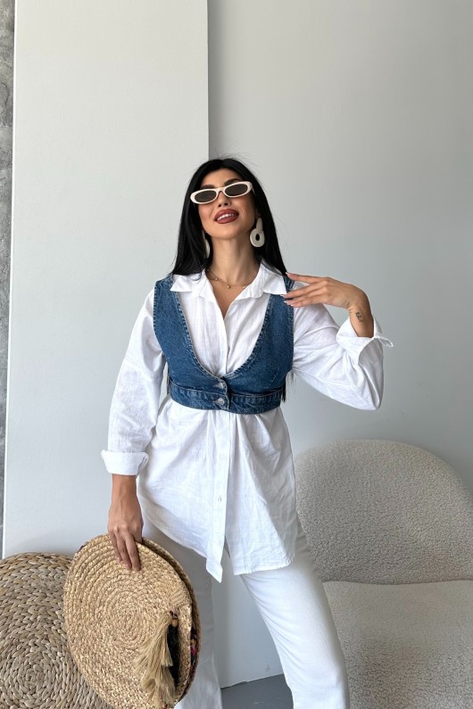 Kadın Kot Büstiyer Kısa Crop Düğmeli Koyu Mavi 4513