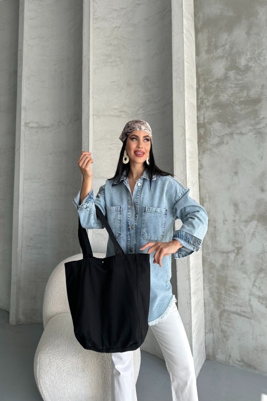 Kadın Kot Çantası Düğme Detaylı Çanta Siyah 7000