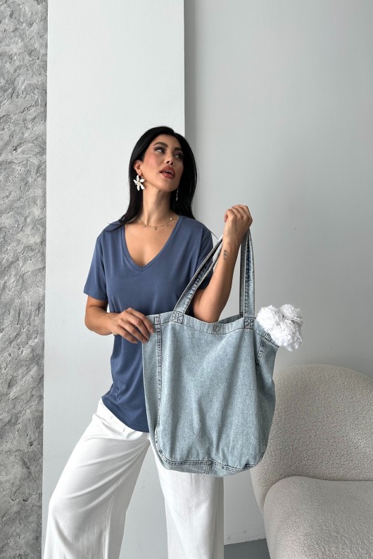 Kadın Kot Çantası Düğme Detaylı Çanta Buz Mavi 7000