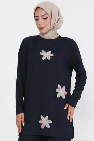 Kadın Çiçek Detaylı Tunik Lacivert 3006