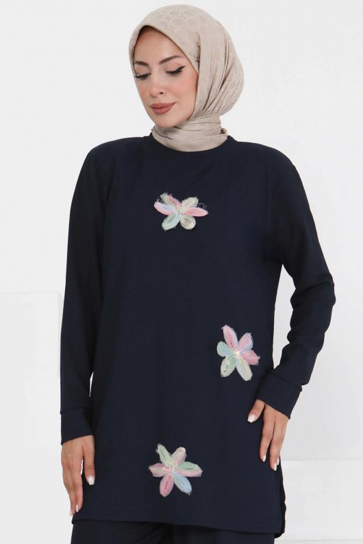 Kadın Çiçek Detaylı Tunik Lacivert 3006