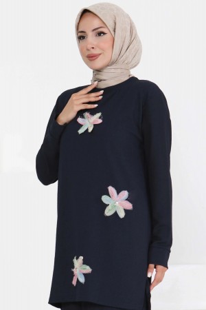 Kadın Çiçek Detaylı Tunik Lacivert 3006