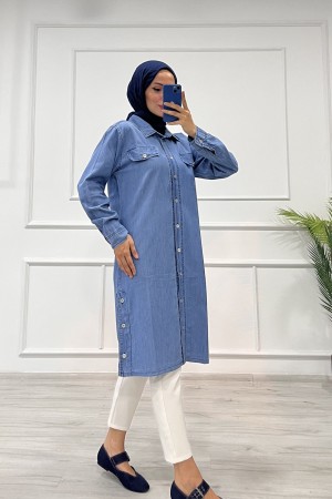 Kadın Yandan Düğme Detaylı Kot Gömlek Tunik Mavi 4517