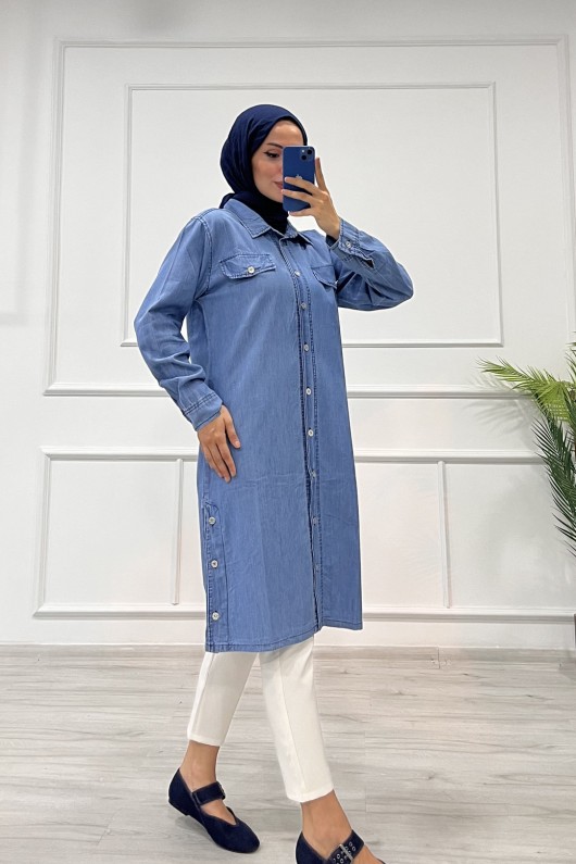 Kadın Yandan Düğme Detaylı Kot Gömlek Tunik Mavi 4517 Kadın Yandan Düğme Detaylı Kot Gömlek Tunik Mavi 4517