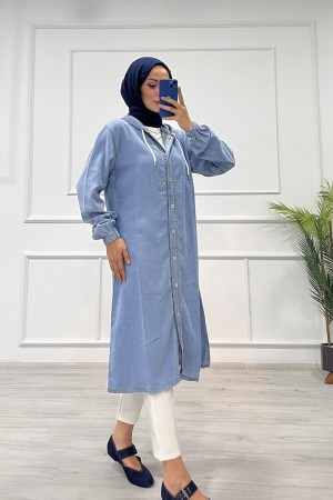 Kadın Fermuarlı Kapüşonlu Kap Açık Mavi 4518