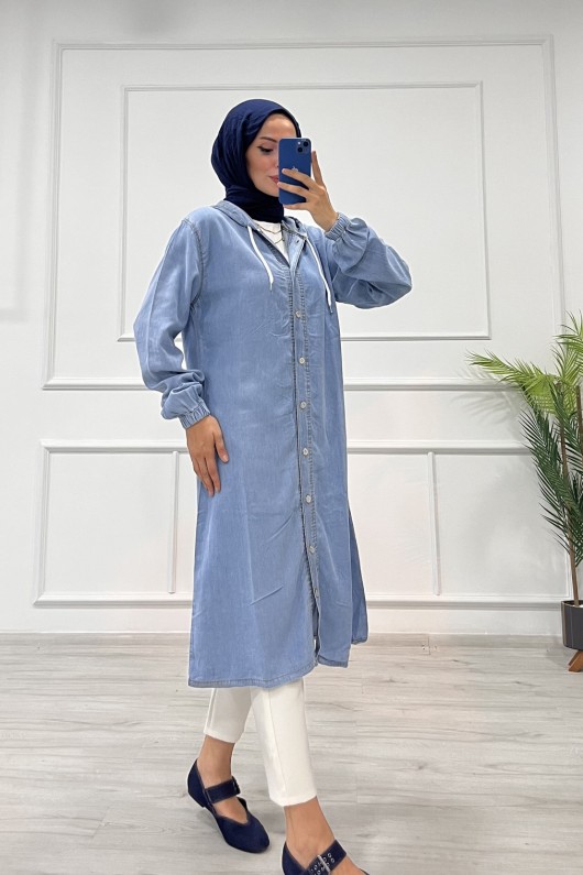 Kadın Fermuarlı Kapüşonlu Kap Açık Mavi 4518