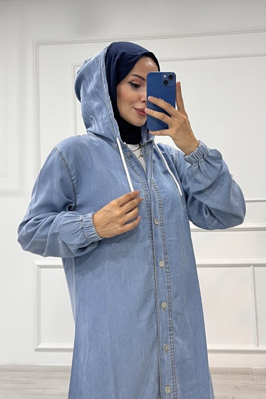 Kadın Fermuarlı Kapüşonlu Kap Açık Mavi 4518