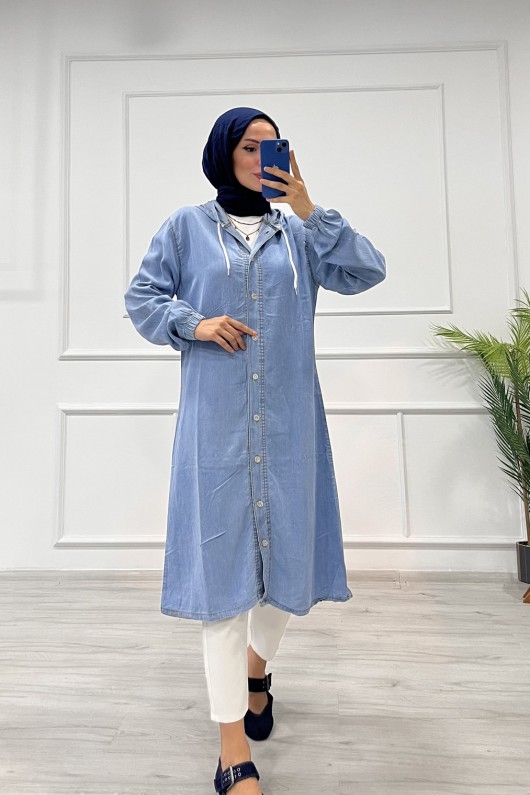 Kadın Fermuarlı Kapüşonlu Kap Açık Mavi 4518