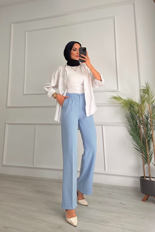 Kadın Dabıl Pileli Palazzo Pantolon Mavi 2500