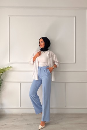 Kadın Dabıl Pileli Palazzo Pantolon Mavi 2500