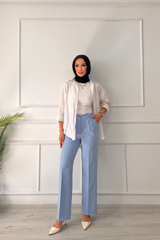 Kadın Dabıl Pileli Palazzo Pantolon Mavi 2500
