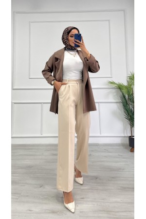 Kadın Dabıl Pileli Palazzo Pantolon Taş Rengi 2500