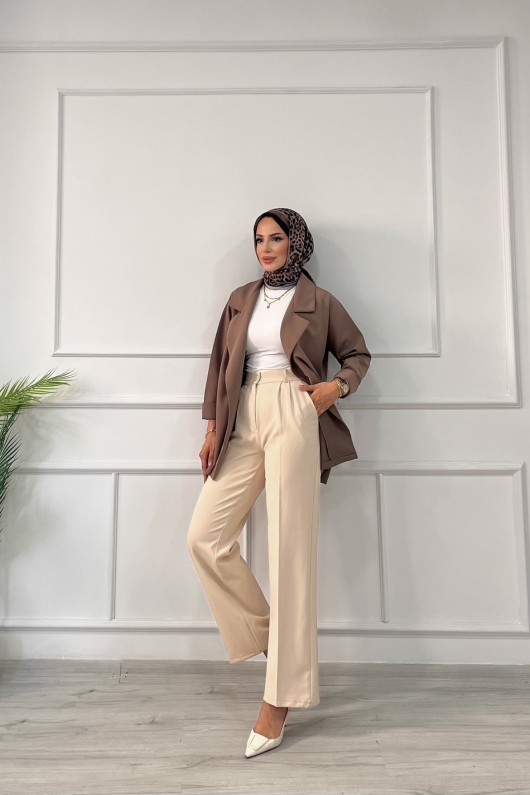 Kadın Dabıl Pileli Palazzo Pantolon Taş Rengi 2500 Kadın Dabıl Pileli Palazzo Pantolon Taş Rengi 2500