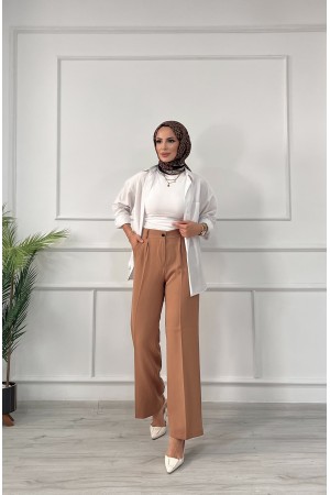 Kadın Dabıl Pileli Palazzo Pantolon Sütlü Kahve 2500