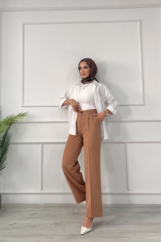 Kadın Dabıl Pileli Palazzo Pantolon Sütlü Kahve 2500