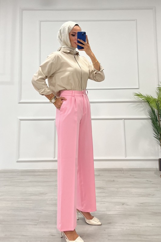 Kadın Dabıl Pileli Palazzo Pantolon Pembe 2500