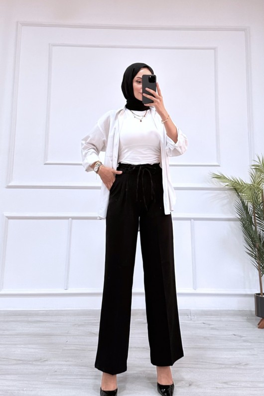 Kadın Dabıl Kemeri İp Detaylı Palazzo Pantolon Siyah 2501 Kadın Dabıl Kemeri İp Detaylı Palazzo Pantolon Siyah 2501